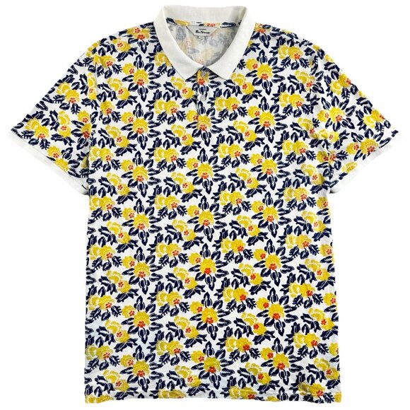 Ben Sherman Floral Print Polo Shirt Men's XL White Yellow Blue Flower AOP Summer - Picture 1 of 8
